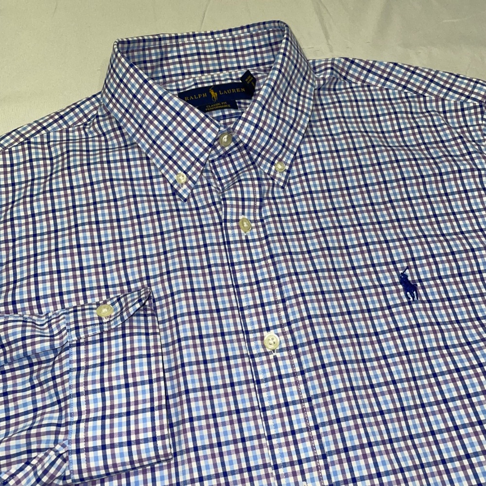 Ralph Lauren Classic Fit Performance Shirt‎ Mens Large Blue Purple Check Stretch